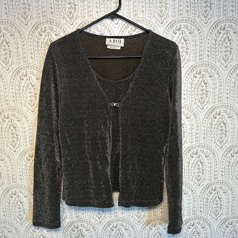 A BYER Vintage y2k Womens Sparkle Knit Cardigan‎ Sweater Top Silver Metallic L